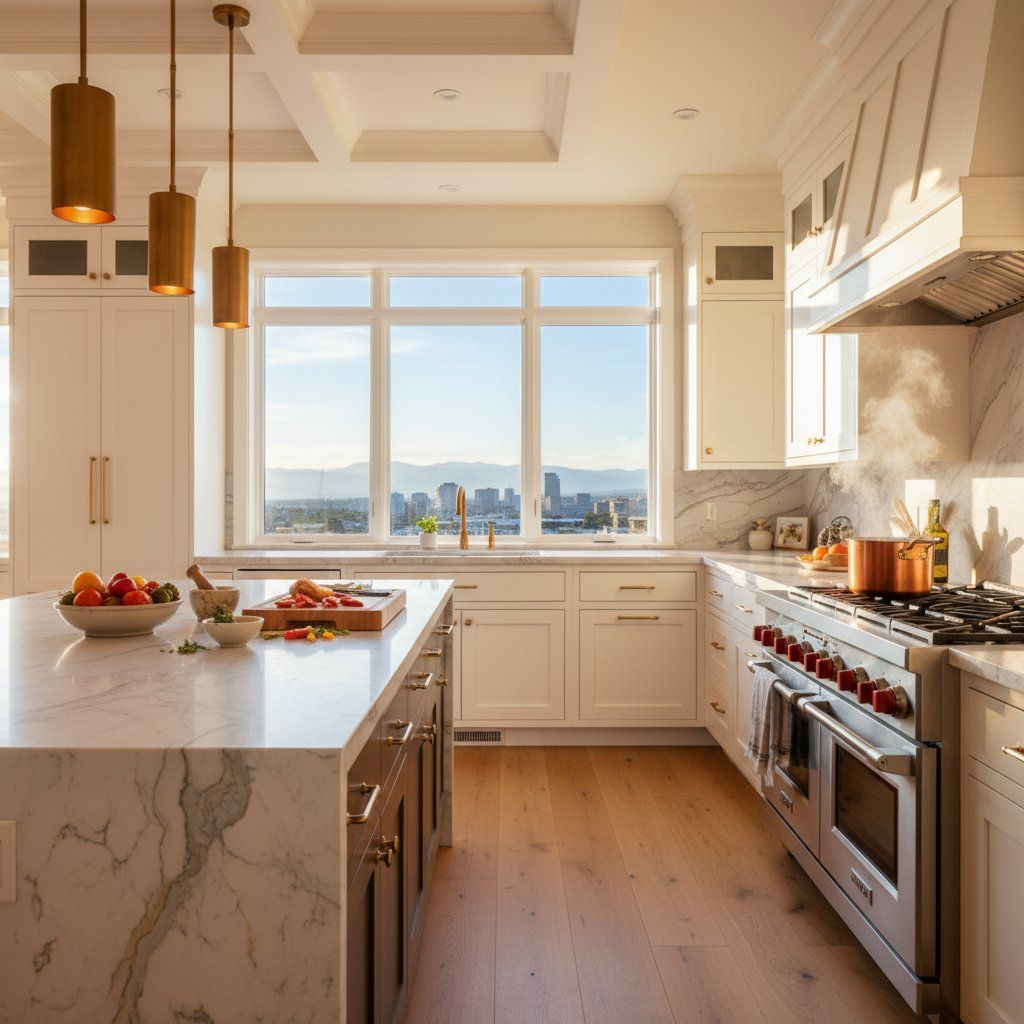 Luxury Boulder kitchen with a Wolf professional range in warm natural light