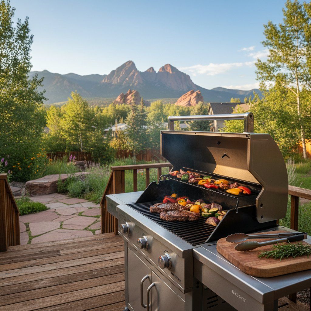 Wolf built-in outdoor grill installation with Flatirons foothill views in Boulder, Colorado