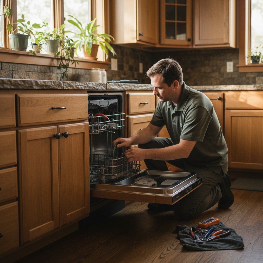 Technician diagnosing the wash arm assembly of a built-in dishwasher in a Boulder kitchen