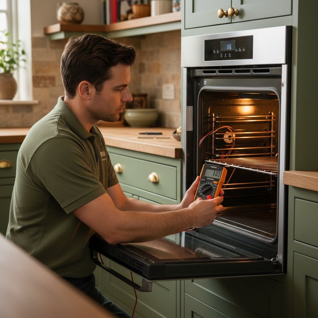 Technician servicing a Gaggenau combi-steam oven control panel in a Broomfield, Colorado kitchen