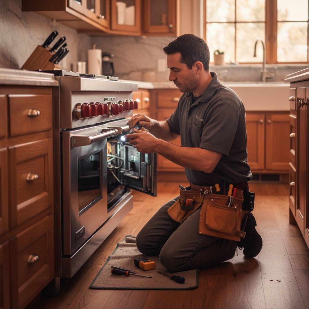 Technician performing precision Wolf range diagnostics in a Boulder kitchen