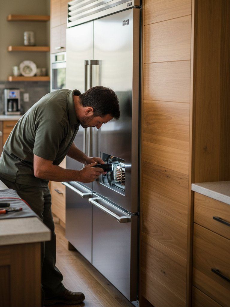Technician tracing water supply and refrigeration lines on a built-in ice maker in a Boulder kitchen