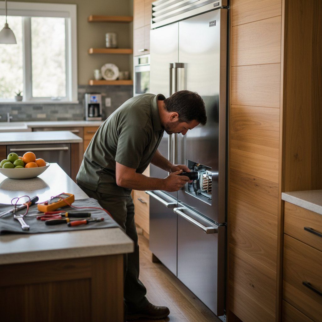 Technician diagnosing the compressor compartment of a Sub-Zero built-in refrigerator in a Boulder kitchen