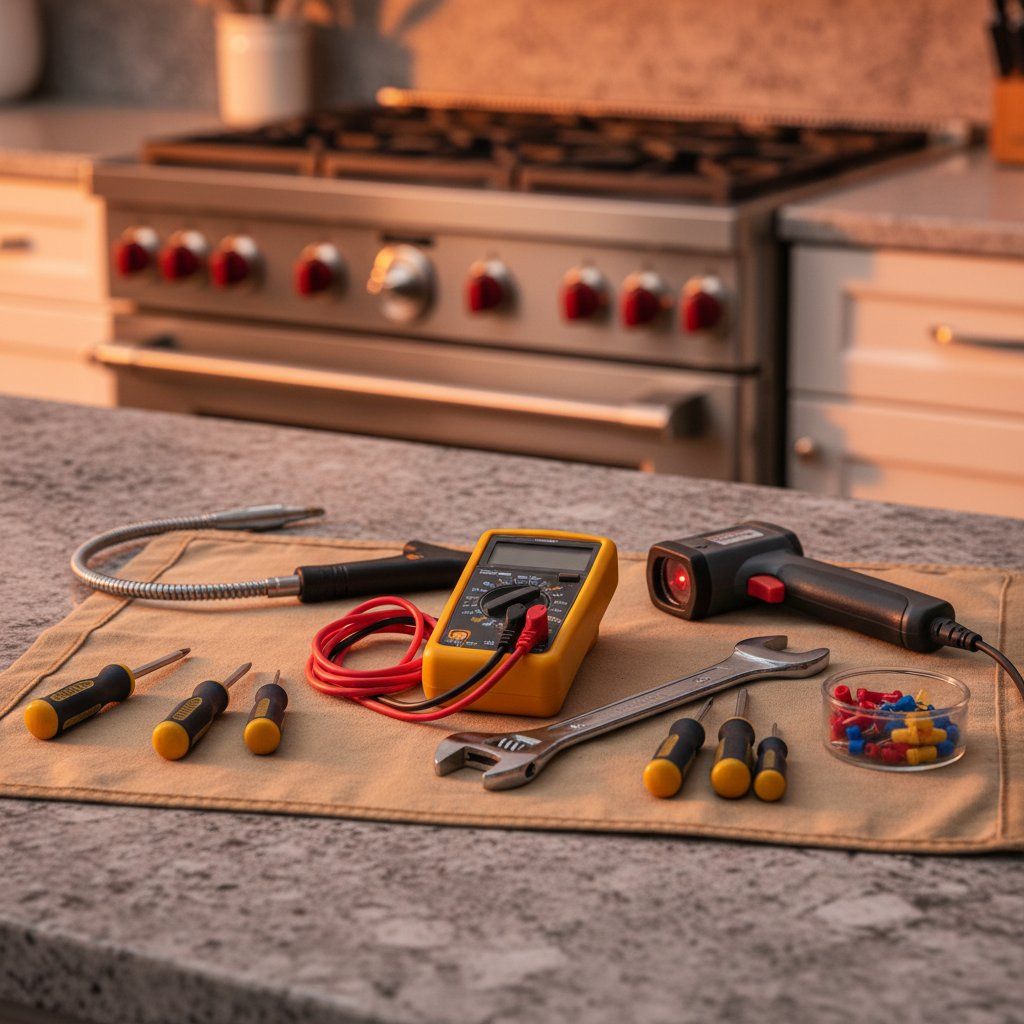 Precision diagnostic tools and genuine OEM Wolf appliance parts arranged on a technician's workbench in Boulder, Colorado