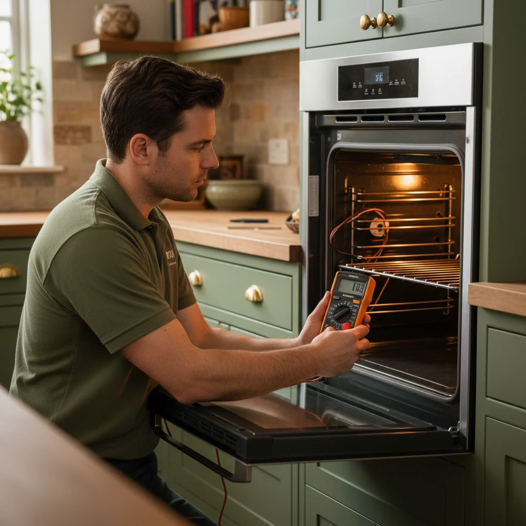 Technician repairing a premium wall oven in a Boulder kitchen